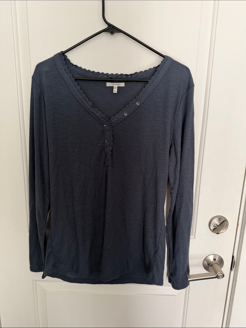 Maurices Dusty Blue Lace-Trim Henley Long Sleeve Top